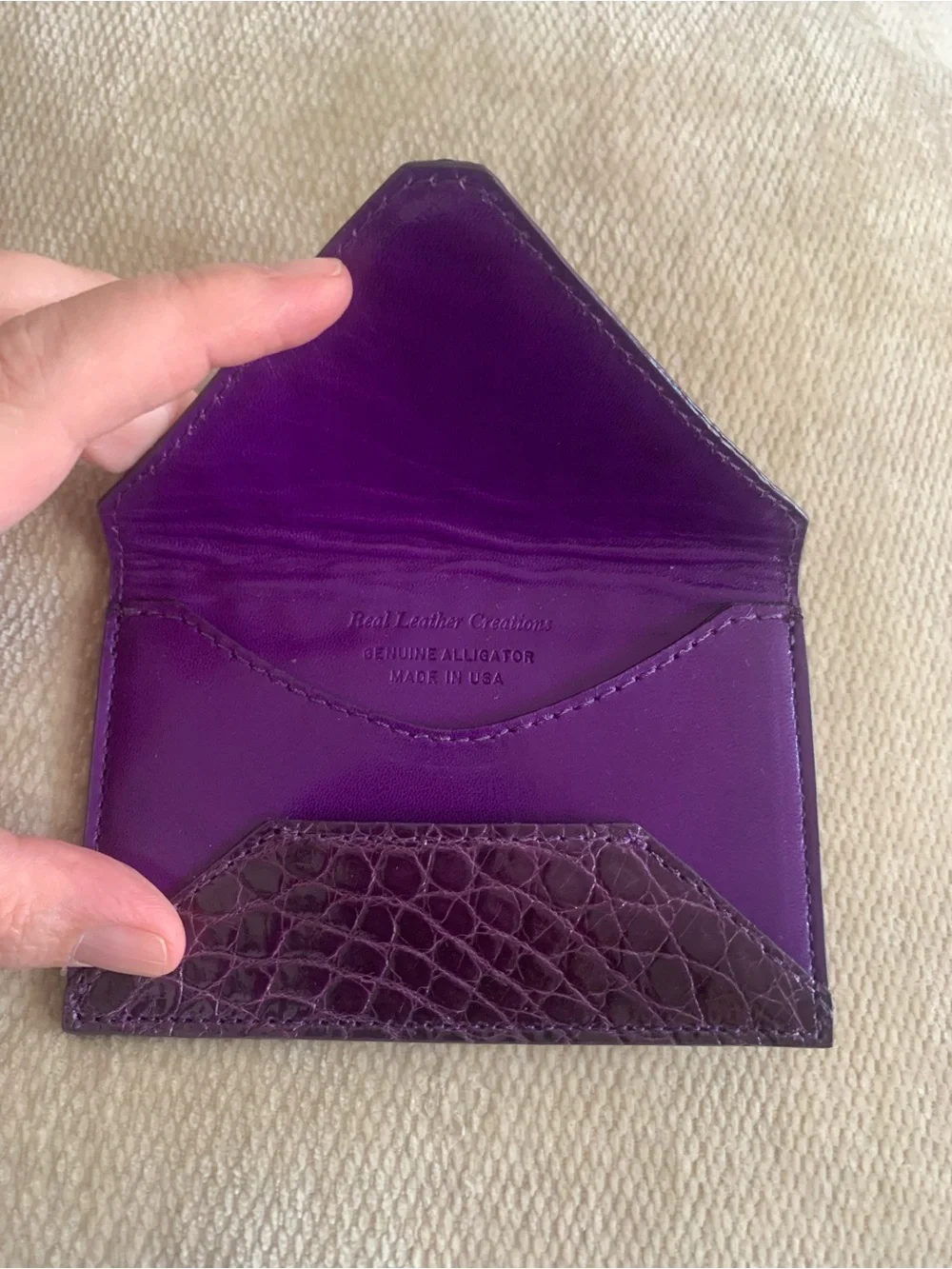 Handmade in USA Glazed Shiny Alligator Genuine Leather Envelope Credit Card Case